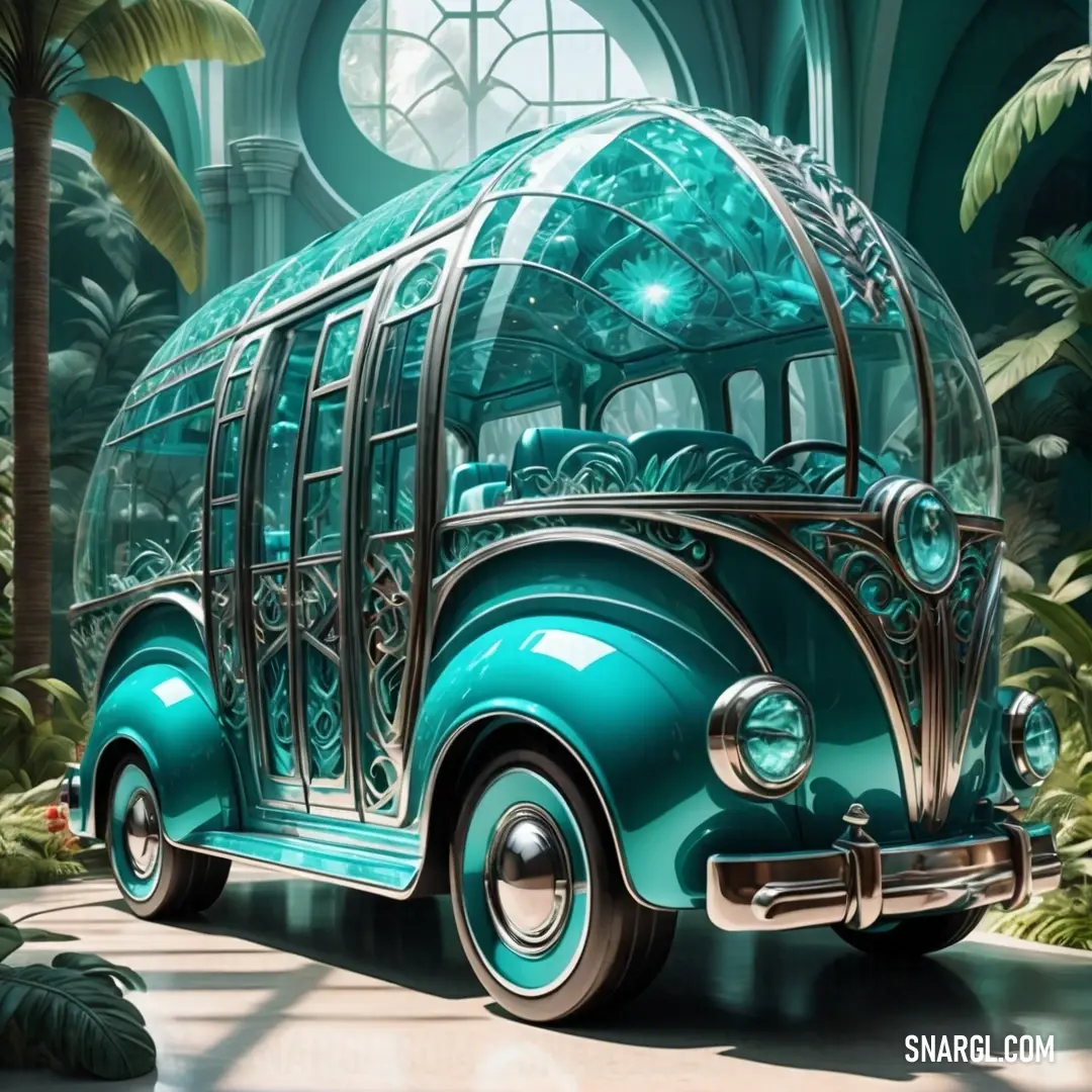 Green bus is parked in a tropical setting with palm trees and a window on the side of the bus. Example of CMYK 81,0,23,0 color.