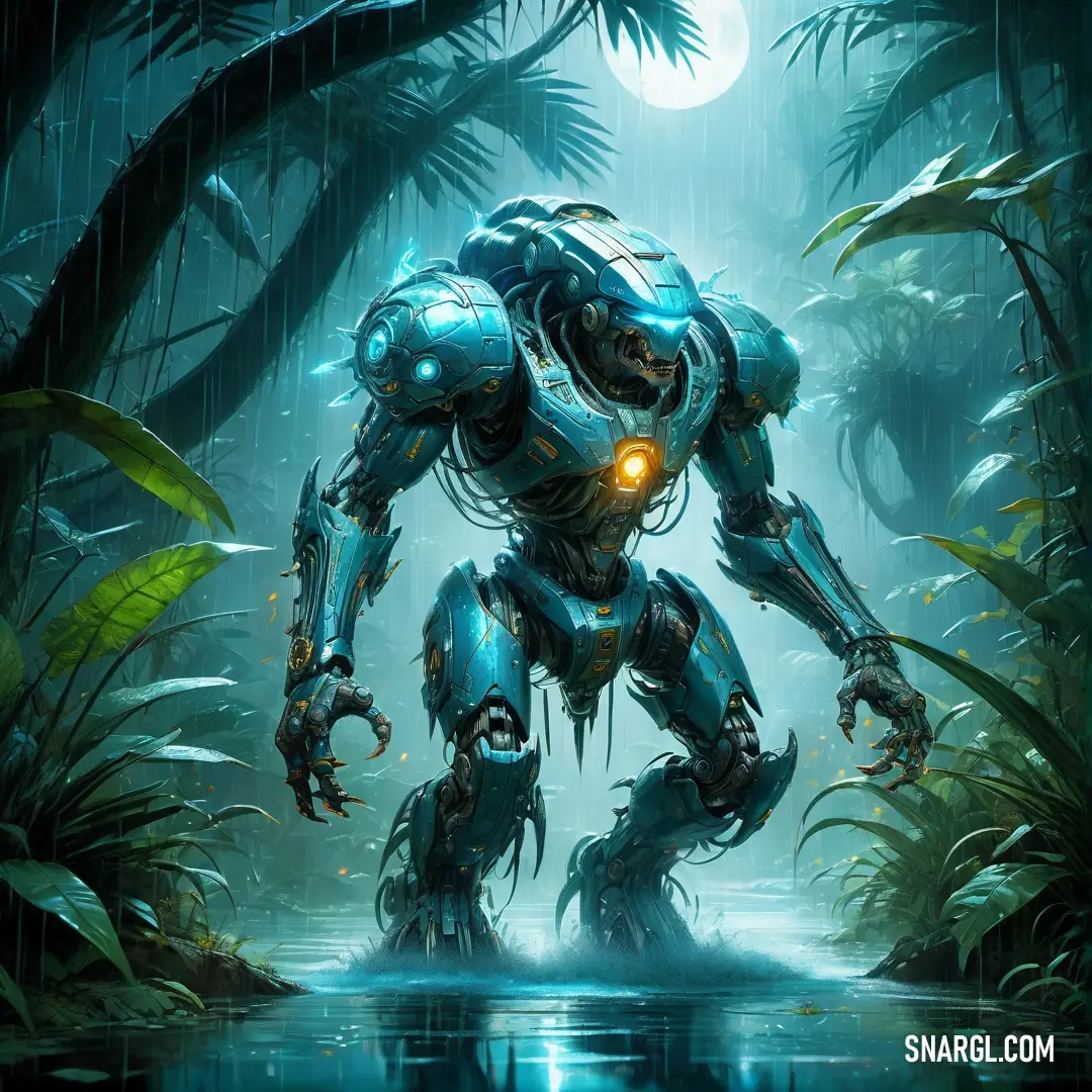 PANTONE 7710 color example: Robot that is standing in the water near some plants and trees with a light on its face and eyes