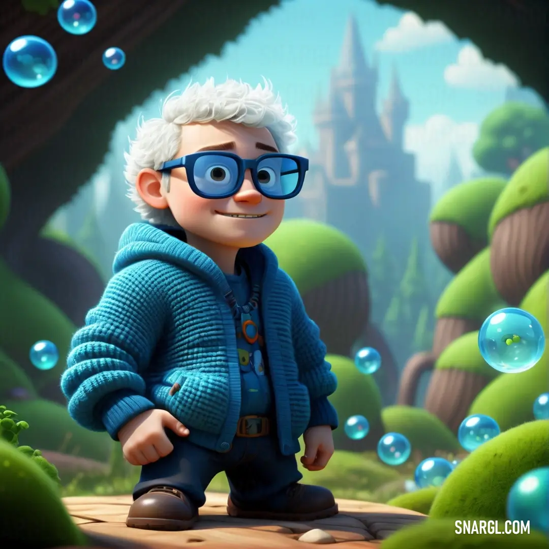 Cartoon character with glasses and a blue sweater is standing in front of a forest with bubbles in the air. Color RGB 0,136,155.