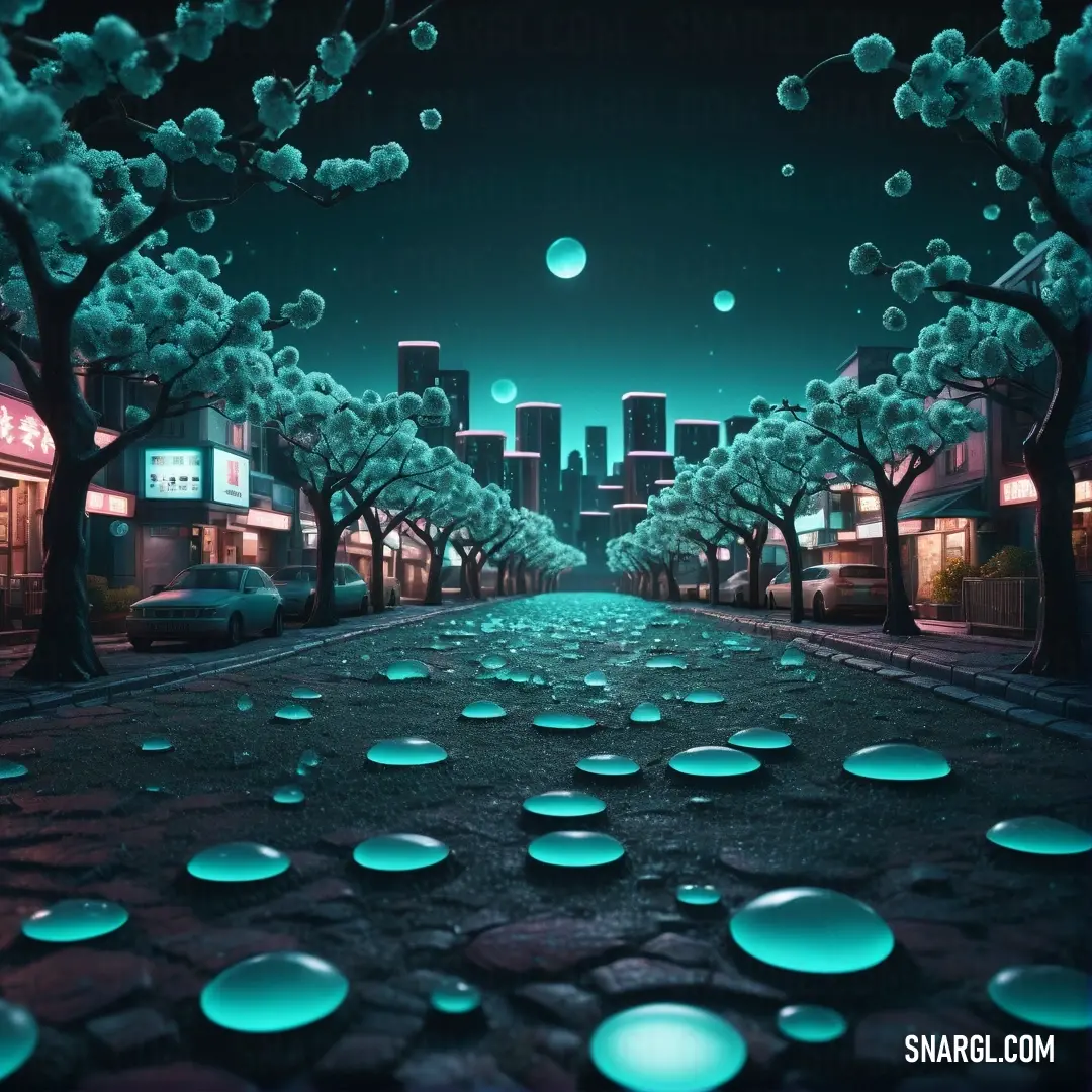 City street with lots of bubbles floating on the ground and trees in the middle of the street. Color #008293.