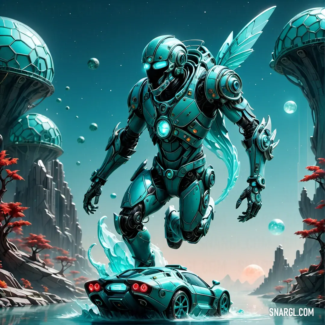 Futuristic robot is standing on a car in a futuristic landscape with a futuristic city in the background. Example of #008293 color.