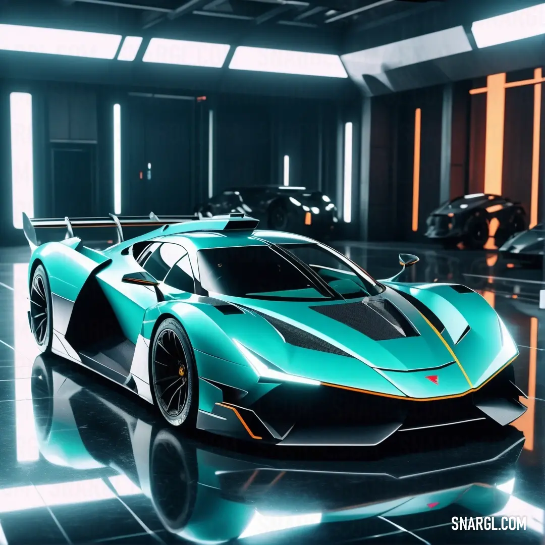 Blue sports car in a futuristic building with a bright light coming from the windows and a black floor. Example of RGB 0,116,129 color.