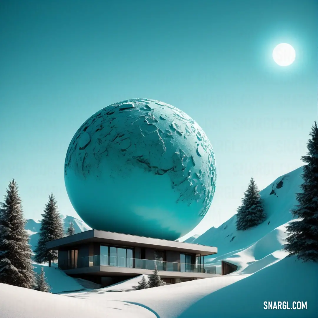 Large blue ball on top of a snow covered hill next to a building and trees in the background. Example of #007481 color.