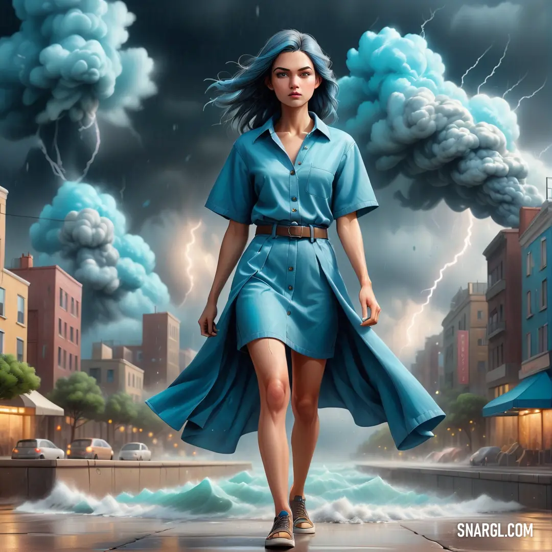 Woman walking down a street in front of a storm cloud filled sky with lightning behind her. Example of #007481 color.