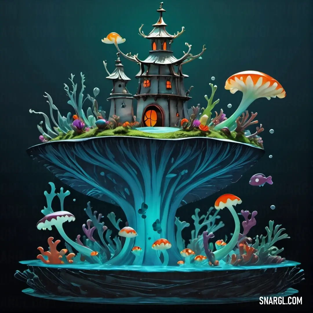 Surreal illustration of a castle in the middle of a forest with mushrooms and other things around it. Example of #007481 color.