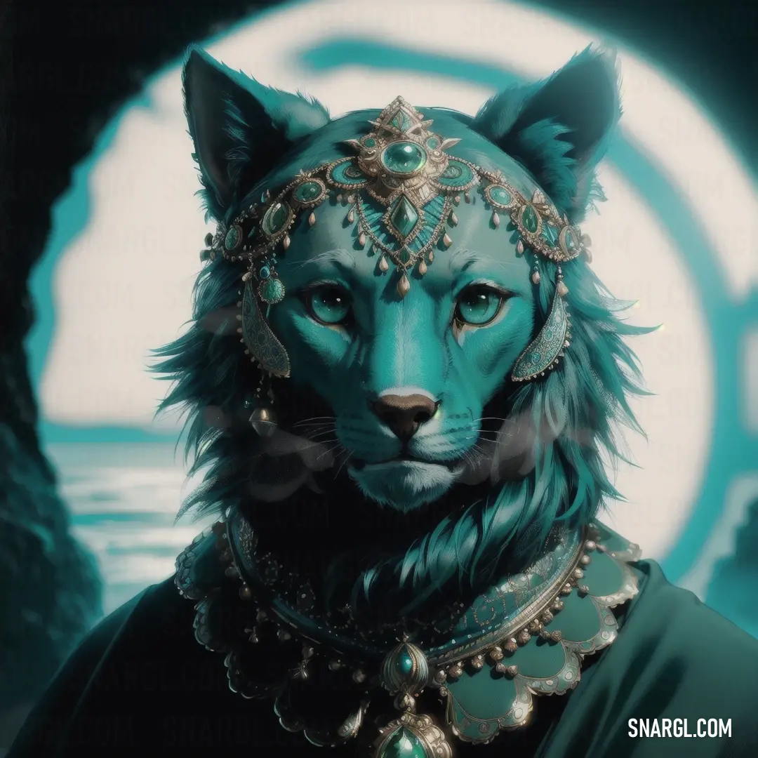 PANTONE 7715 color. Blue cat wearing a green costume and a gold collar and headpiece with a circular background