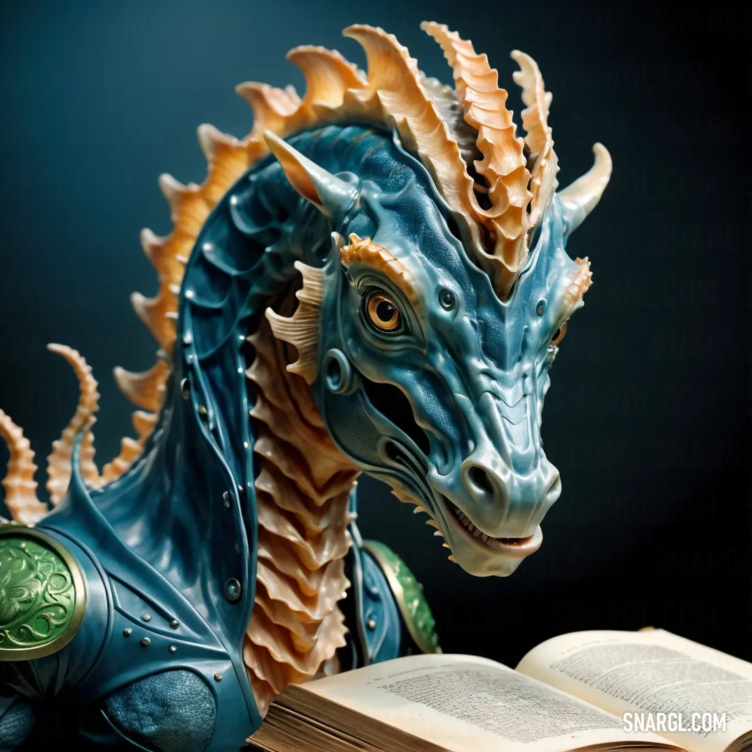 PANTONE 7715 color example: Blue dragon statue next to an open book on a table with a book in front of it