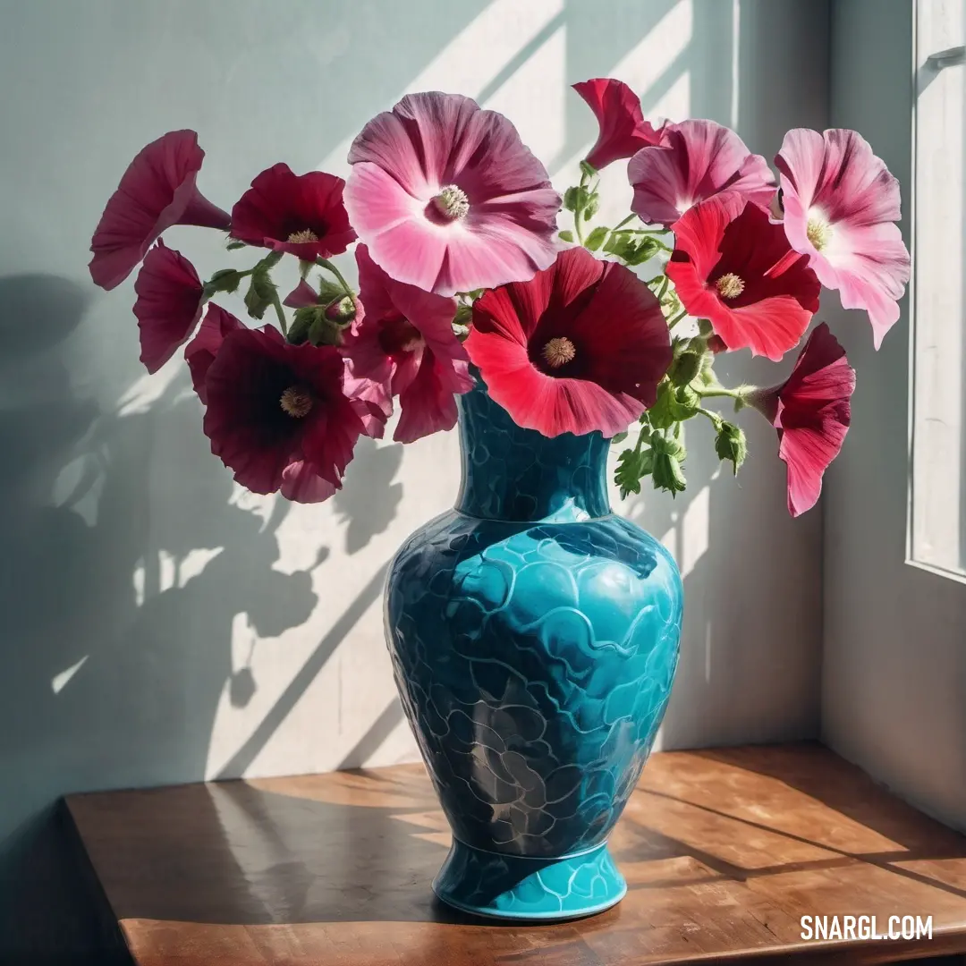 A lovely blue vase brimming with vibrant red flowers on a table, set against the backdrop of a window where soft shadows dance on the wall. The lively colors bring warmth and joy to this inviting space.