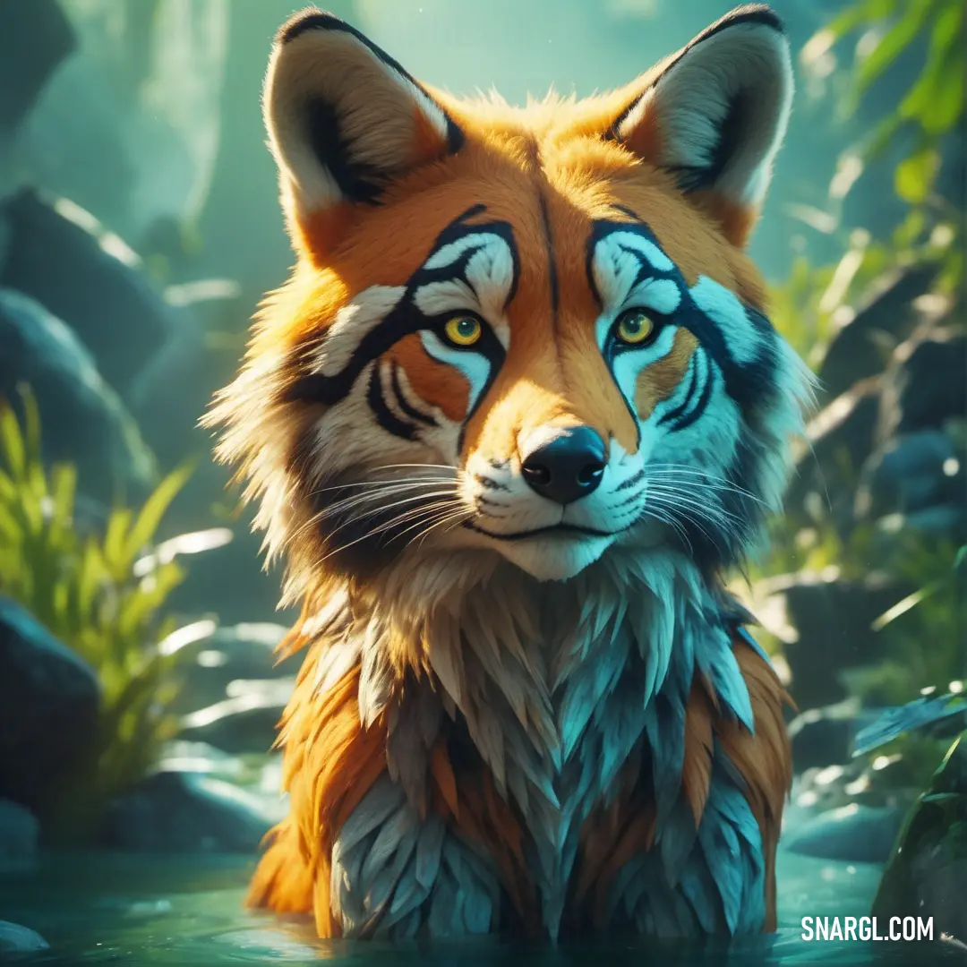 An enchanting fox with striking blue eyes adorns a unique tiger face, resting gracefully in a clear stream of water. The contrasts in color and patterns create a stunning visual, framed by the vibrant nature that surrounds this extraordinary creature.