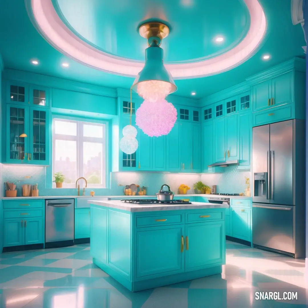 An inviting kitchen featuring a unique blue ceiling that adds character, along with a classic white checkered floor. A charming blue island anchors the space, complete with a whimsical pink ball, creating a perfect spot for culinary creativity and social 