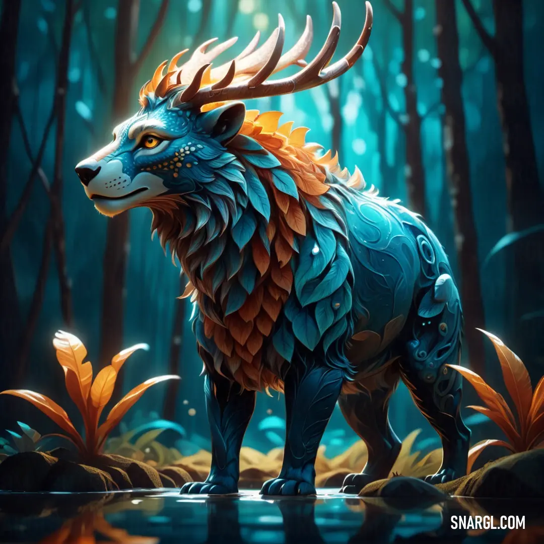 A mystical wolf stands poised by a tranquil body of water in a wooded realm, its horns adding an aura of fantasy to its majestic form. Leaves and grass surround it, enhancing the tranquil yet vibrant scene of nature's splendor.