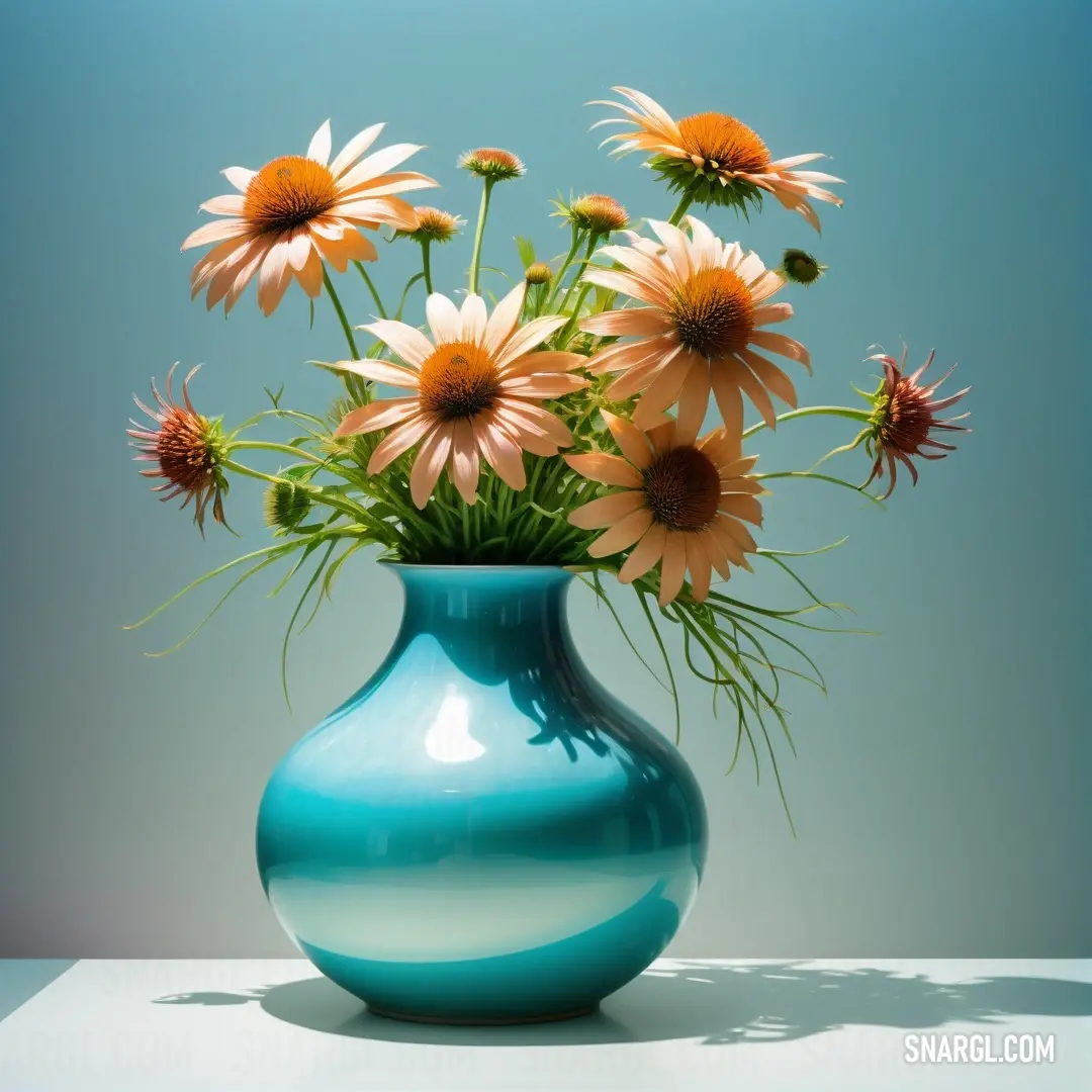 A striking blue vase adorned with a delicate bouquet of flowers resting on a tabletop, seamlessly merging with the matching blue backdrop. The vivid colors create a stunning visual harmony, inviting calm and beauty into the space.