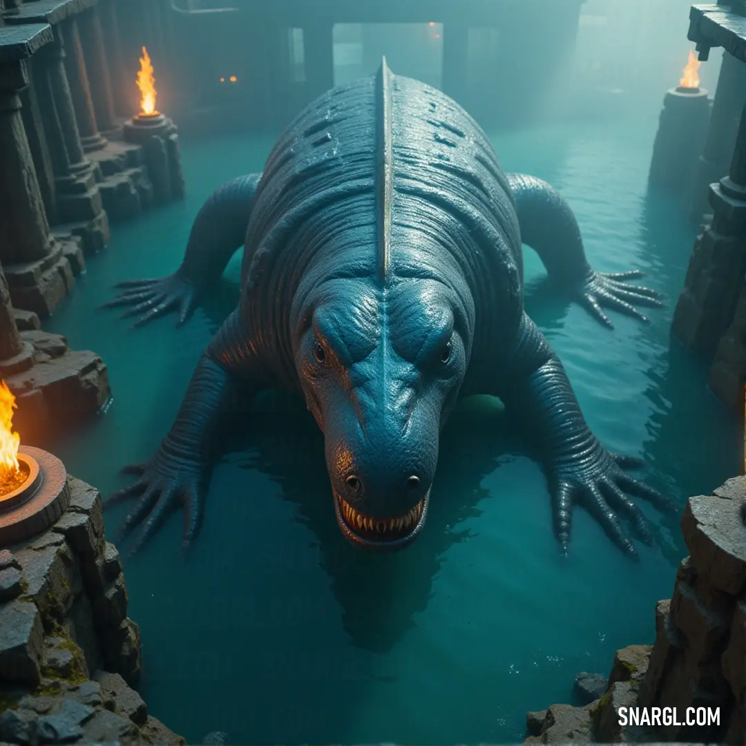 A large alligator gracefully floating in a calm pool of water, proudly holding a flickering candle in its mouth. The PANTONE 7716 color enriches the scene with a touch of whimsy and intrigue, captivating viewers' imaginations.