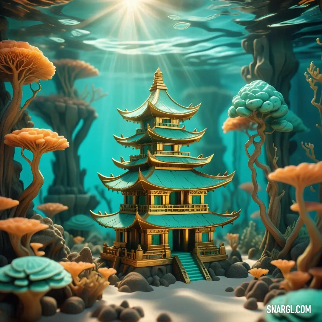 Painting of a pagoda in a forest with rocks and plants under water and sunlight shining through the water. Example of RGB 0,159,151 color.