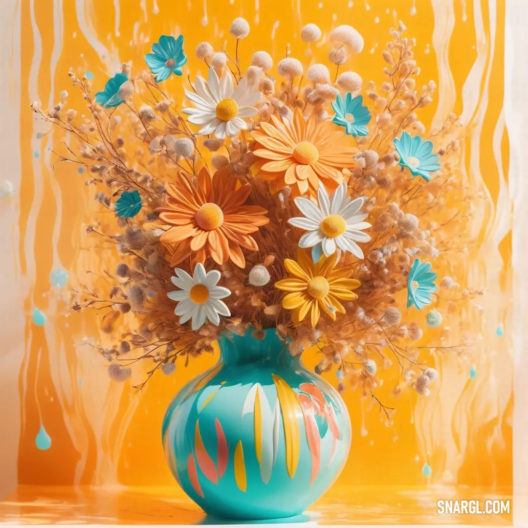 A colorful painting depicting a vase filled with blooming flowers on a sunlit table, framed by yellow and blue stripes from the window behind it. The vibrant hues create an uplifting sensation that brightens the room.