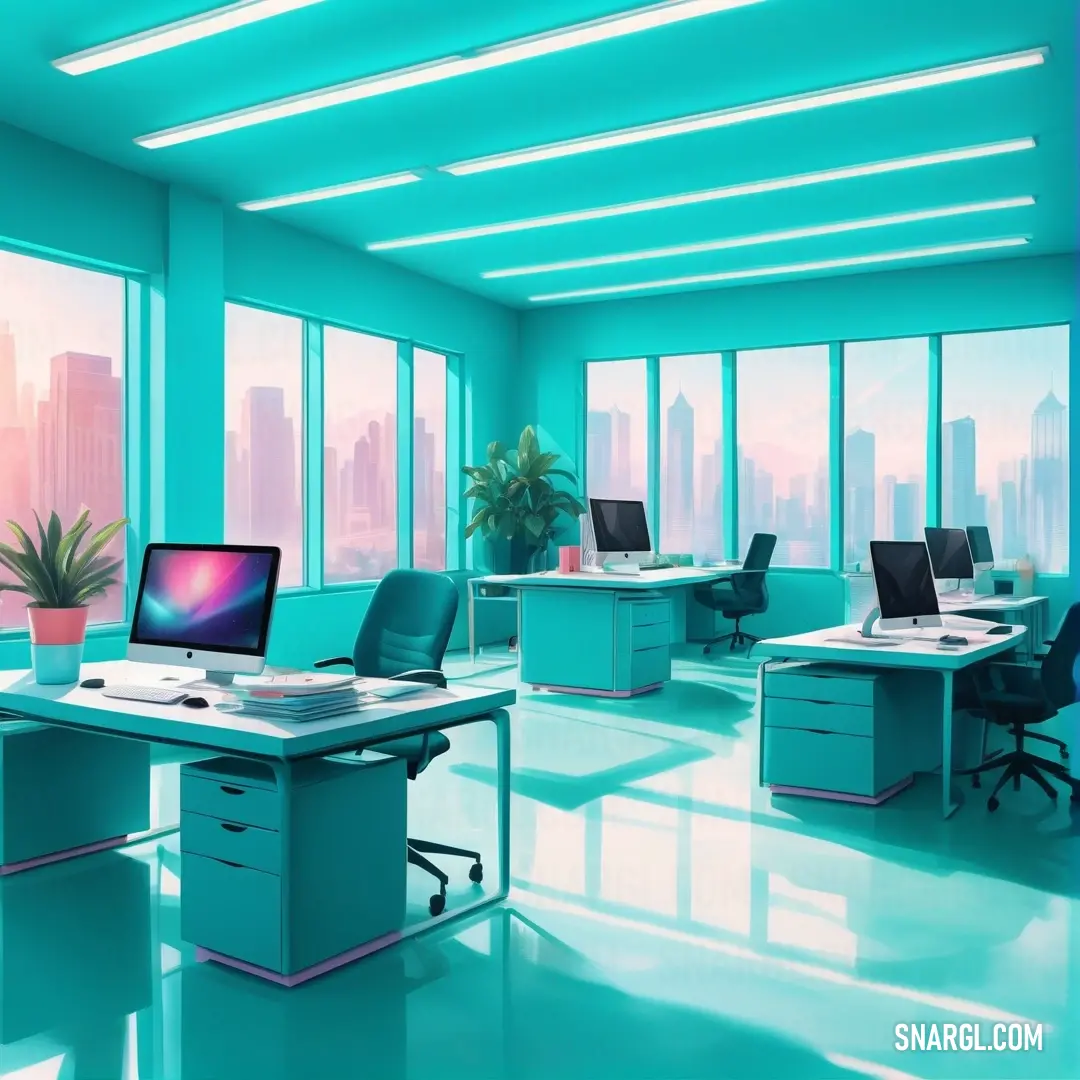 A serene room featuring a desk with a sleek computer overlooks a stunning city view through the window. The modern decor creates a harmonious balance of productivity and relaxation in a chic urban setting.