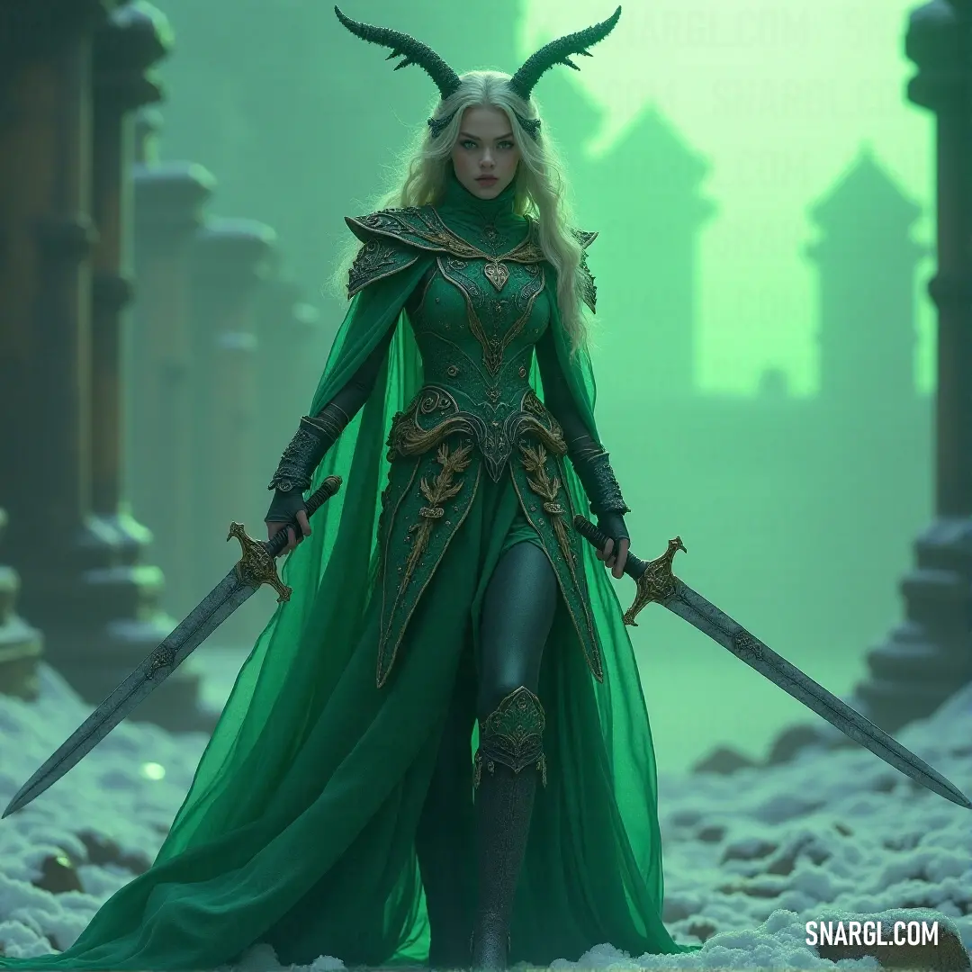 A fierce yet graceful woman in a vibrant green dress stands triumphantly in a snowy landscape, wielding two swords. Behind her, a majestic castle looms, creating an atmosphere of bravery and adventure, all highlighted by the lush PANTONE 7716 color.