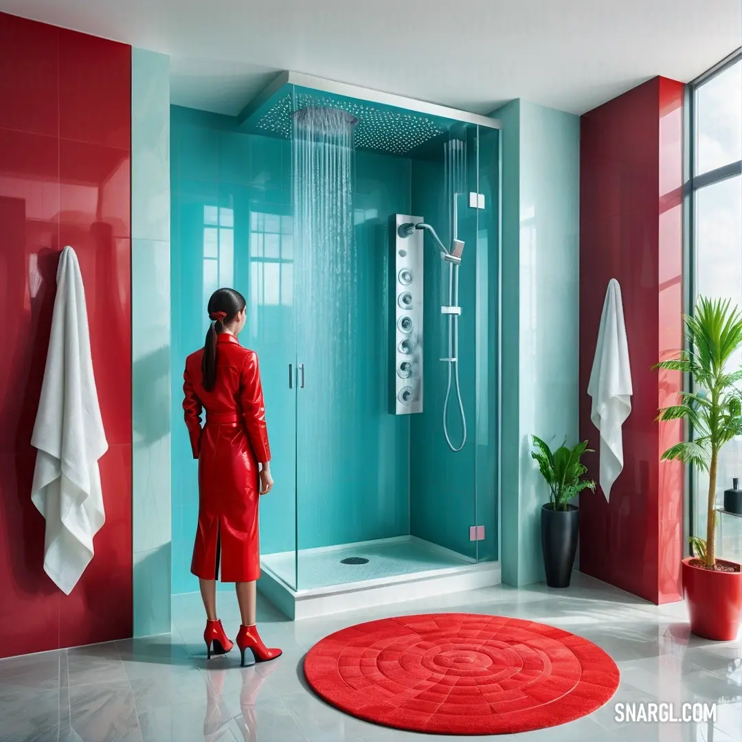 An elegant bathroom featuring a woman clad in a vibrant red bathrobe, standing on a plush red rug. A modern shower adds functionality to the space, creating a serene and inviting atmosphere for self-care and rejuvenation.