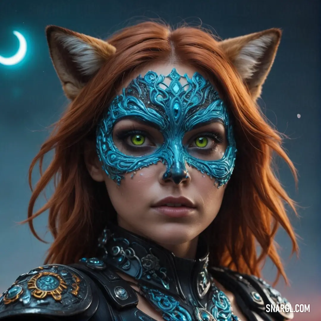 In a cosmic realm, a woman adorned with a blue mask and playful cat ears stands illuminated by a shimmering crescent moon. Each detail of her mystical attire glows against the vibrant backdrop, creating a dreamlike atmosphere enriched with RGB color 0,159