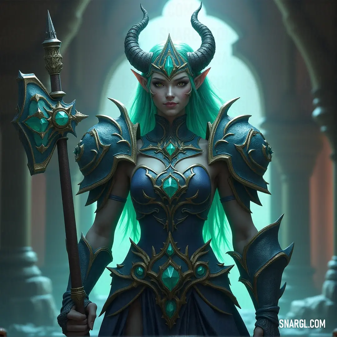 A striking woman with mesmerizing green hair and devilish horns holds a remarkable staff and sword, set within a mystical environment filled with stunning arches. The vivid CMYK colors add depth to her enchanting presence in this vivid fantasy setting.