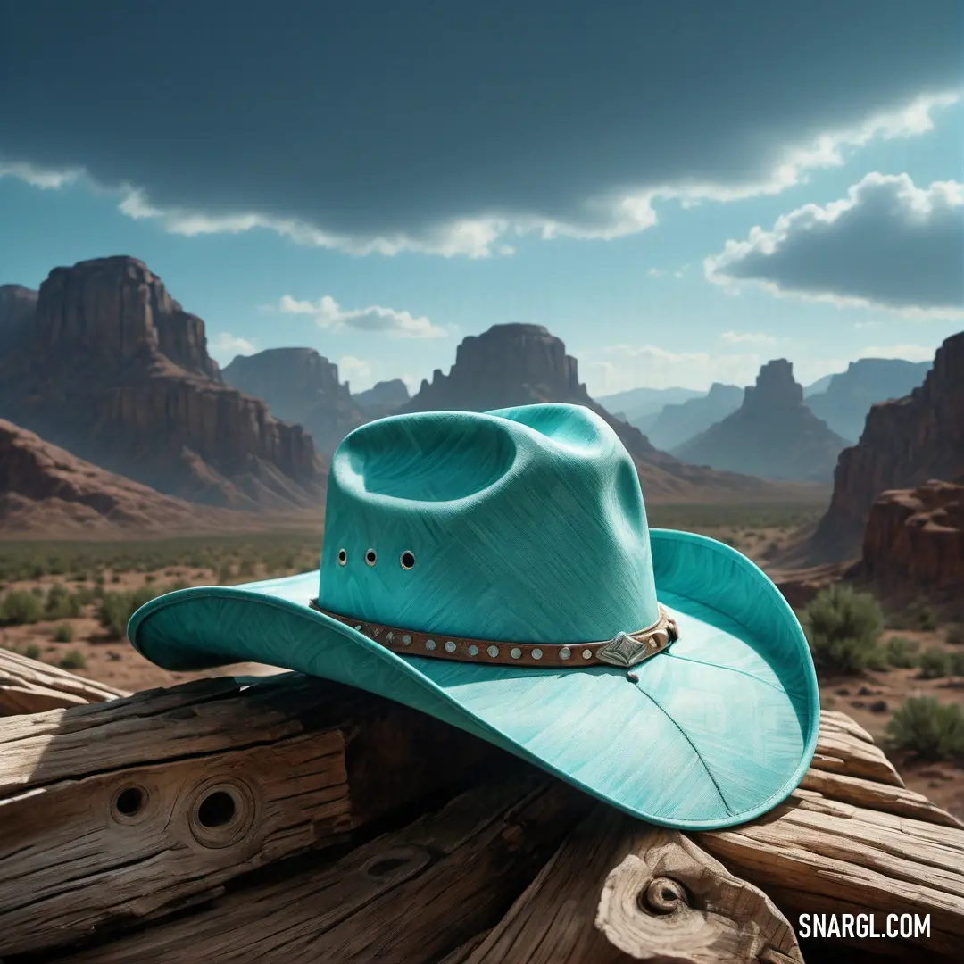 Turquoise cowboy hat on a wooden fence post in the desert with mountains in the background. Example of PANTONE 7716 color.