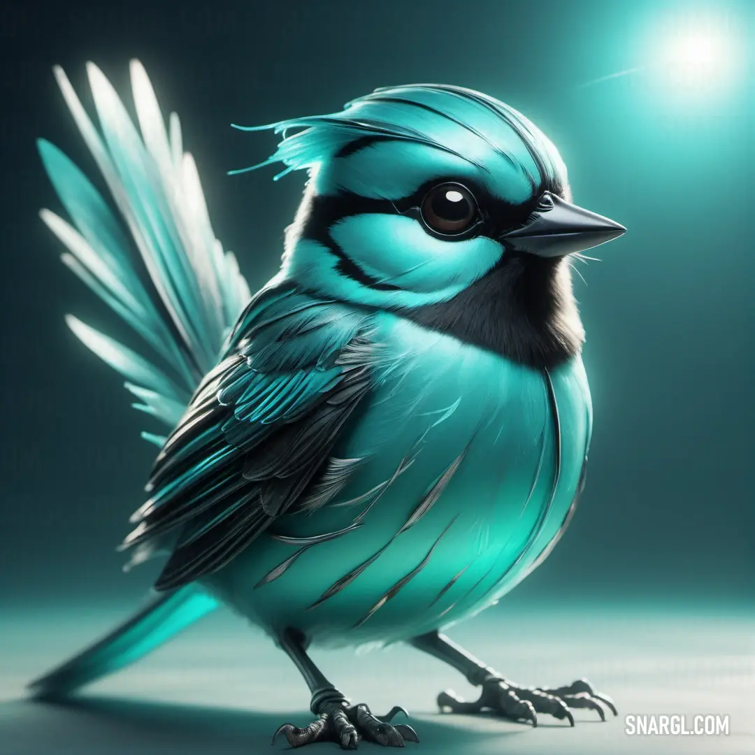 Blue bird with a black head and tail on a table with a light shining on it's back. Example of CMYK 96,0,47,19 color.