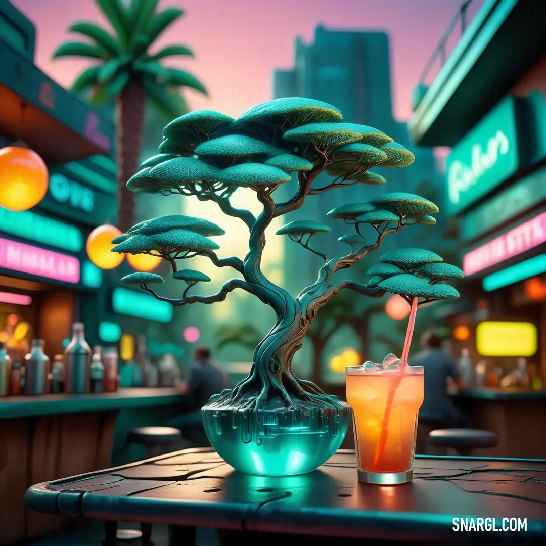 PANTONE 7717 color example: Bonsai tree in a glass on a table with a drink in it and a neon city in the background
