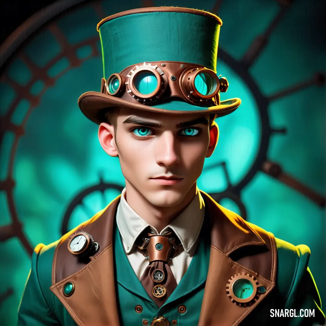 Man in a green top hat and green jacket with steampunks on his face and a clock behind him. Example of #008E85 color.