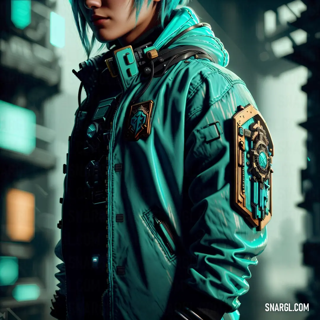 Man with blue hair and a green jacket standing in a futuristic city area with a futuristic clock on his arm. Example of RGB 0,142,133 color.