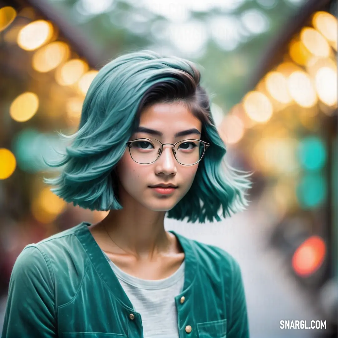 Woman with green hair and glasses on a street corner with lights in the background. Color PANTONE 7717.