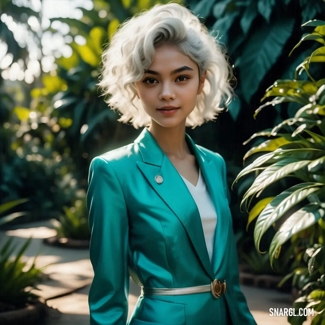 PANTONE 7717 color. Woman with white hair wearing a green suit and white shirt and a white belted shirt