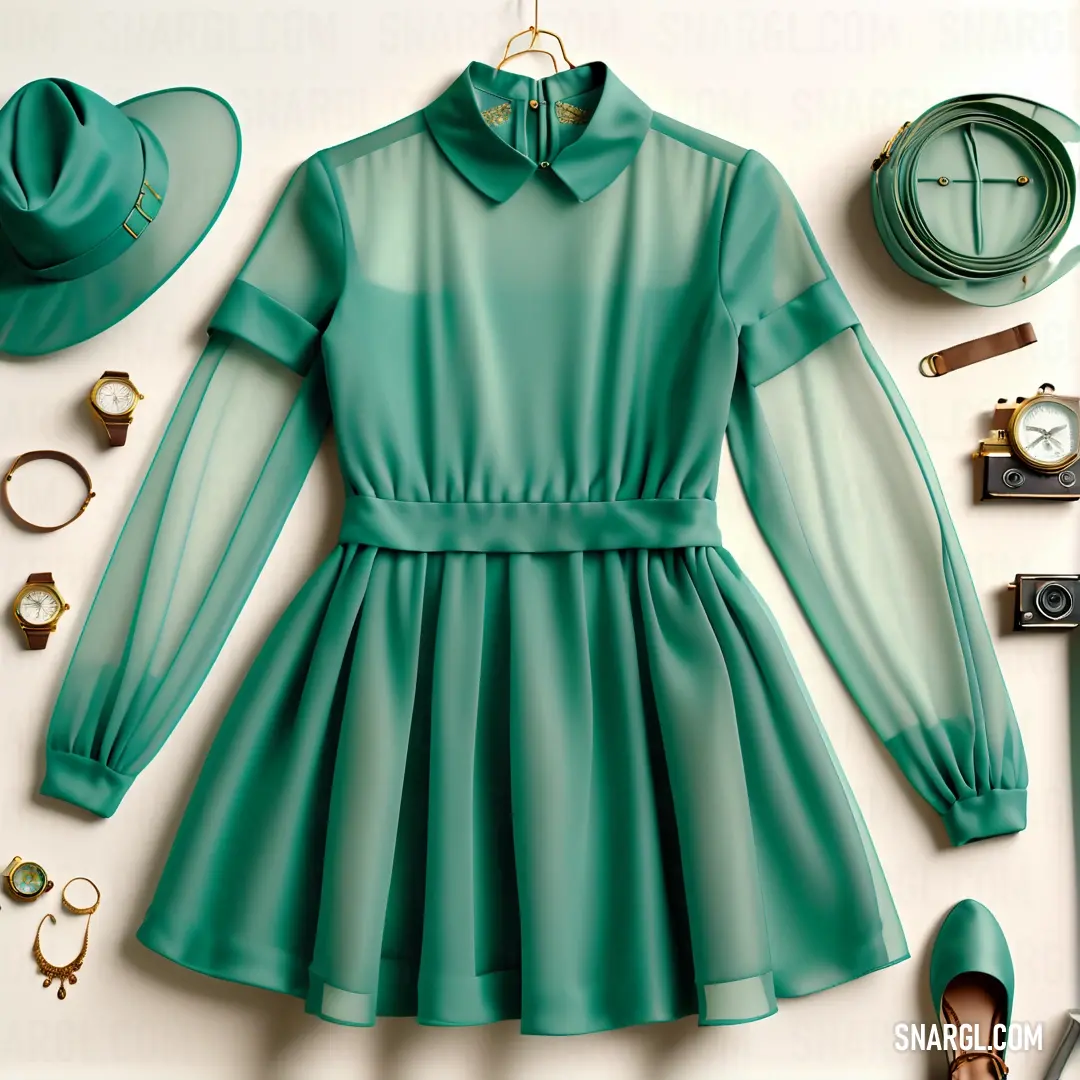 Green dress and hat are on a white surface with other items around it and a pair of shoes. Color RGB 0,123,117.