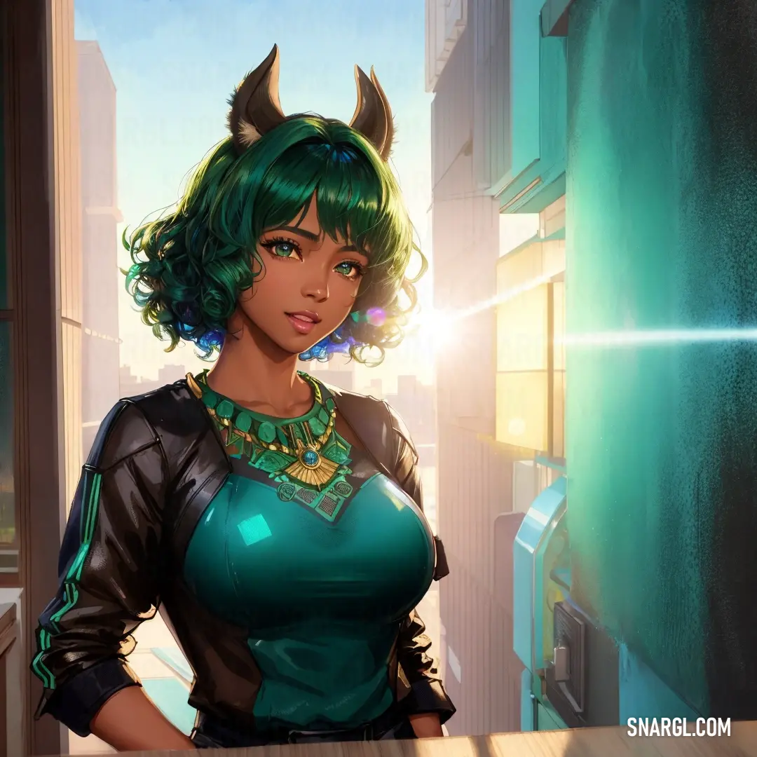 Woman with green hair and horns standing in front of a window with a green light shining on her. Color #007B75.