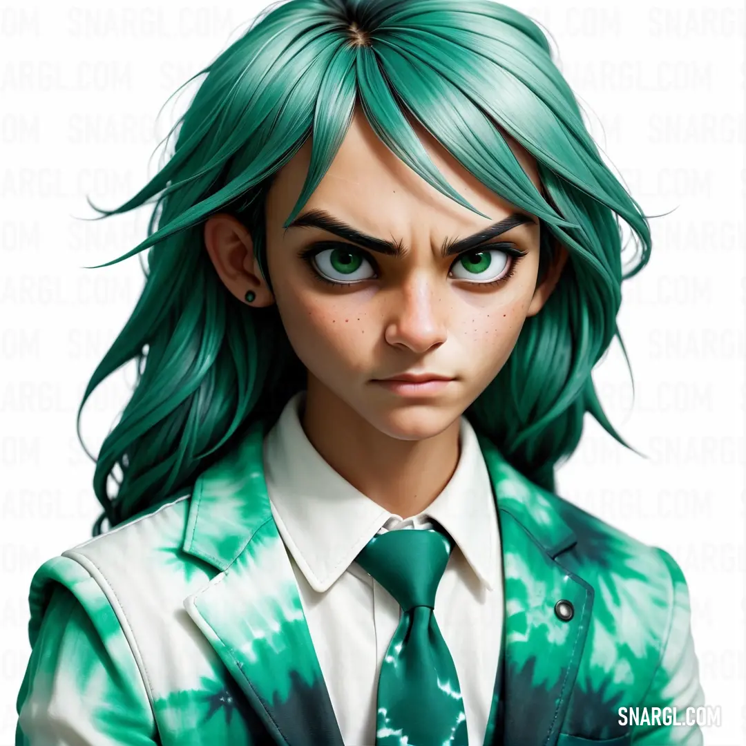 Woman with green hair and a tie with green eyes and a green suit with white shirt. Color RGB 0,123,117.