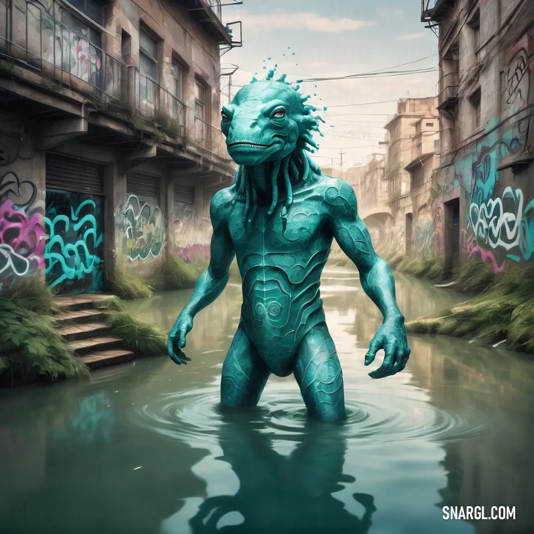 PANTONE 7719 color example: Creature is standing in a body of water in a city street with graffiti on the walls and buildings