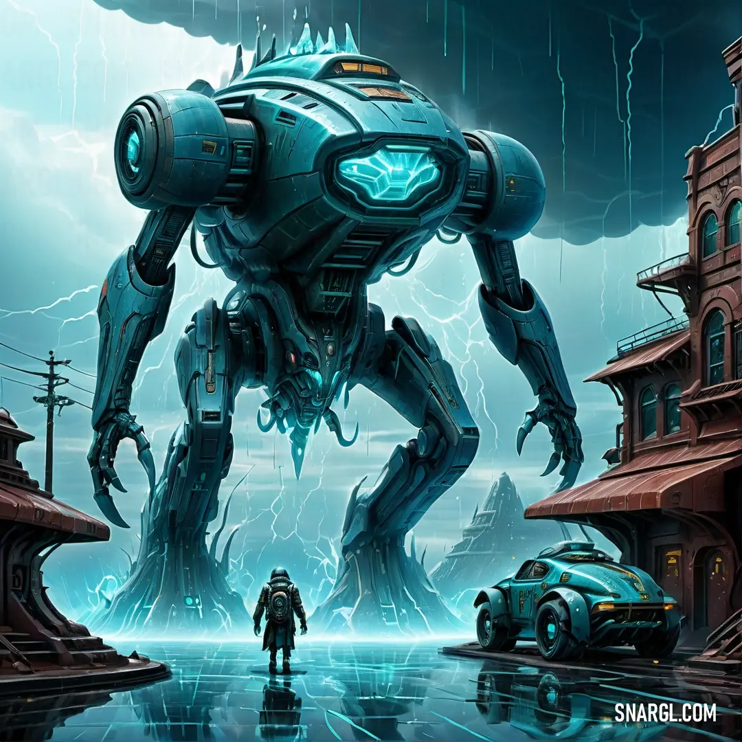 Man standing in front of a giant robot in a futuristic city with lightning in the background and a car in the foreground