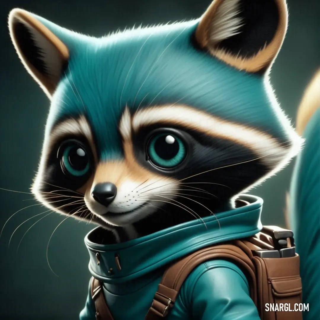 Raccoon with a backpack on its back and a green jacket on its chest. Example of PANTONE 7719 color.