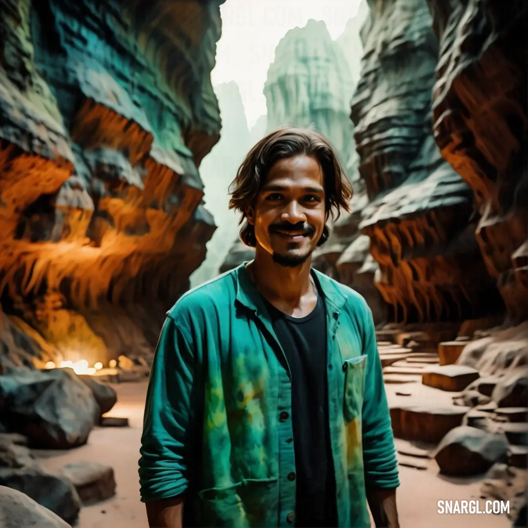 Man standing in a cave with a green shirt on and a green shirt on. Example of RGB 0,95,91 color.