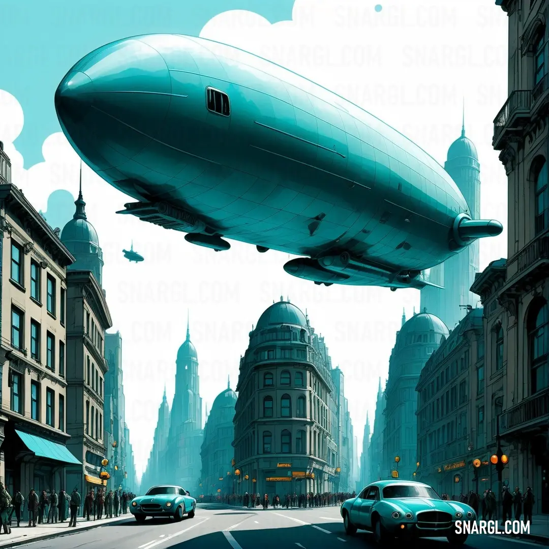 Large blue object flying over a city street next to tall buildings and cars on a street corner with tall buildings