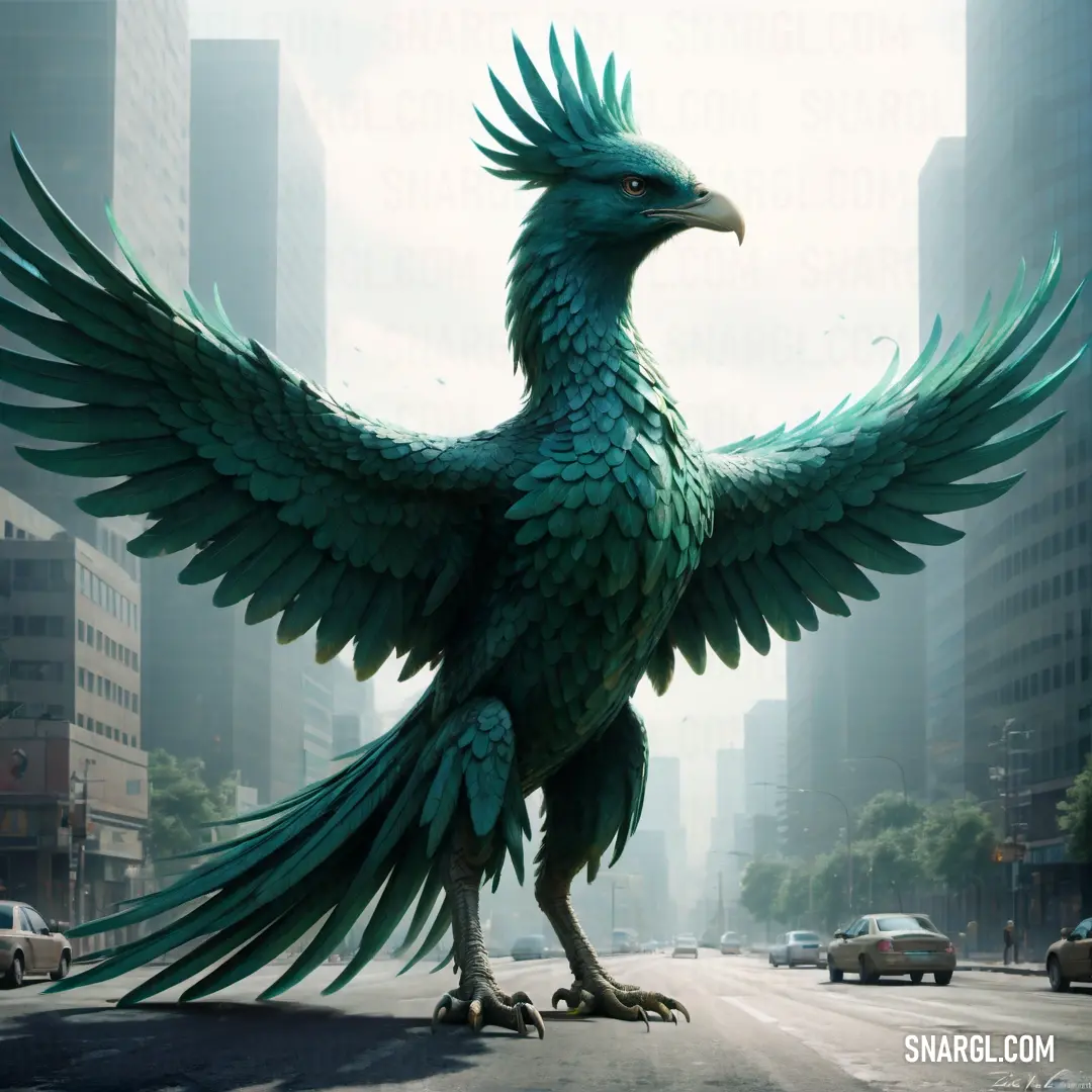 Large green bird standing on top of a street next to tall buildings and cars on the road below. Example of #00534F color.