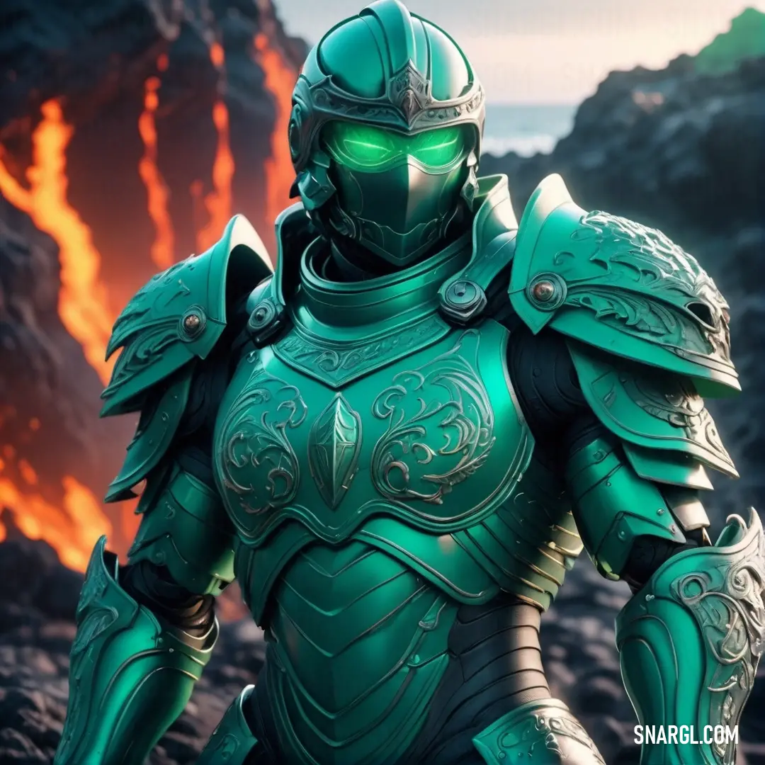 PANTONE 7722 color example: Man in a green armor standing in front of a volcano with lava in the background