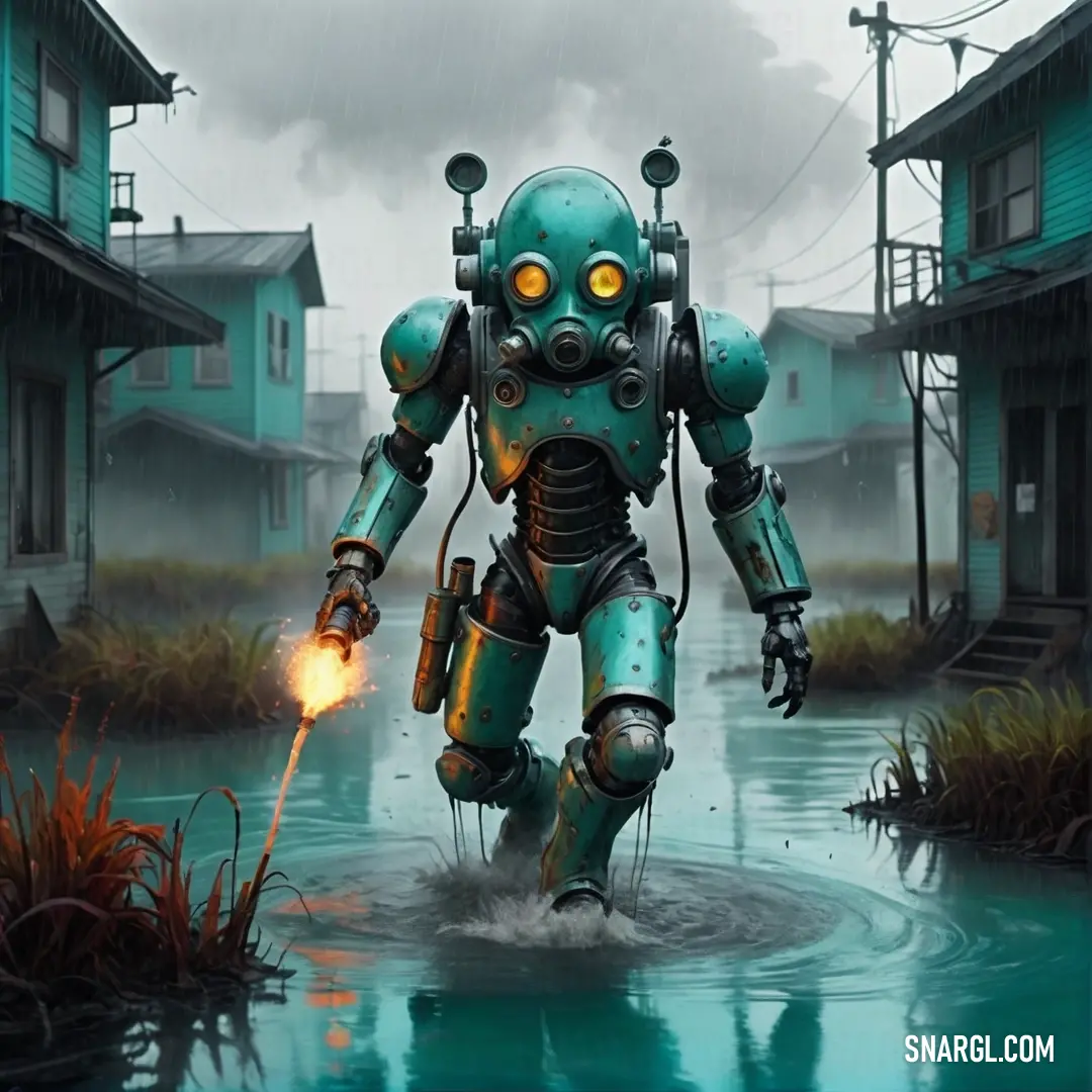 Robot is in the water with a light in his hand and a fire in his mouth. Color RGB 0,83,79.