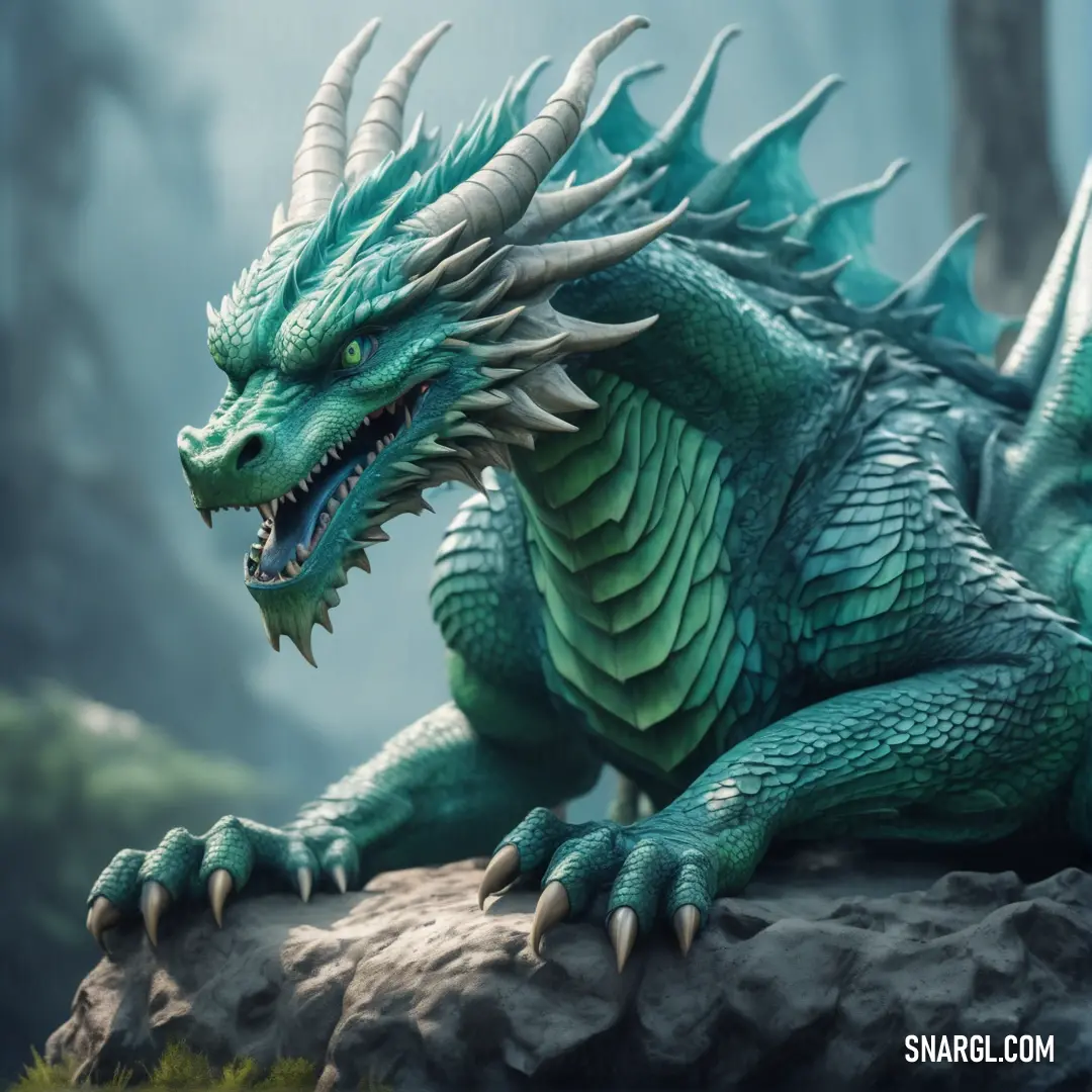 Green dragon statue on top of a rock in a forest with trees in the background. Color PANTONE 7723.