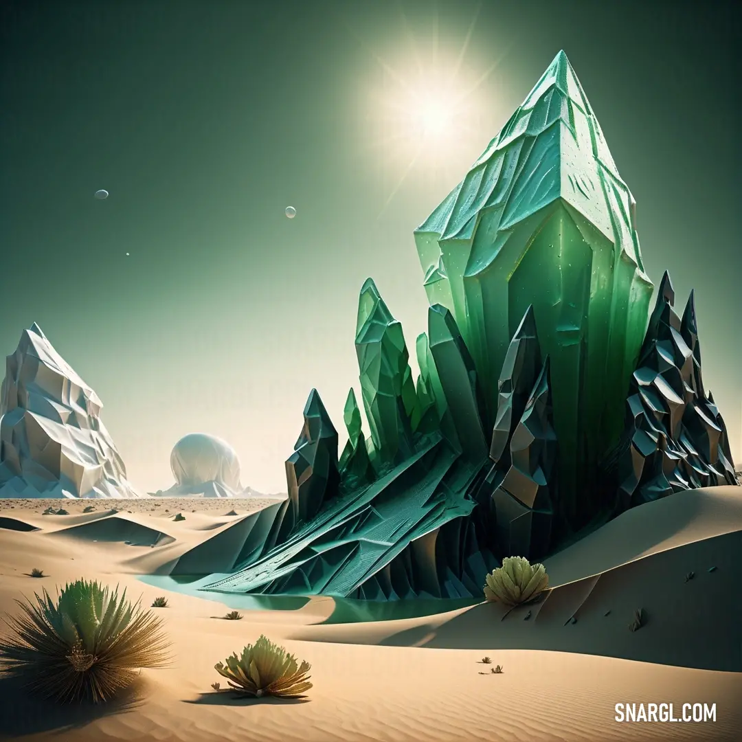 Computer generated image of a mountain in the desert with a sun shining over it and a planet in the background
