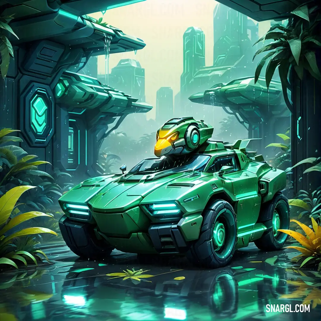 Green car is parked in a futuristic environment with plants and flowers around it and a yellow helmet on top. Color CMYK 69,0,54,7.