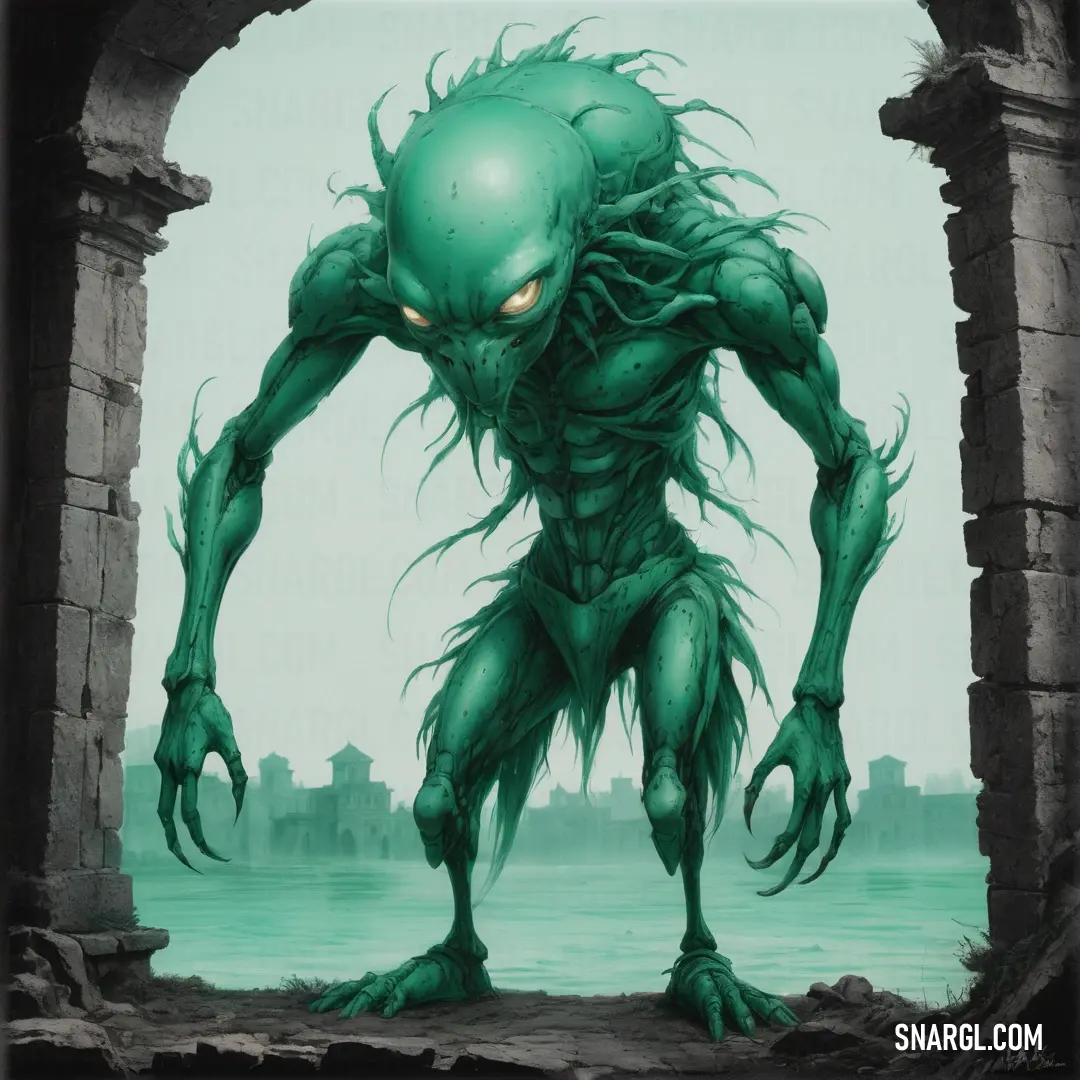 Green creature standing in front of a window with a city in the background. Color RGB 88,170,131.