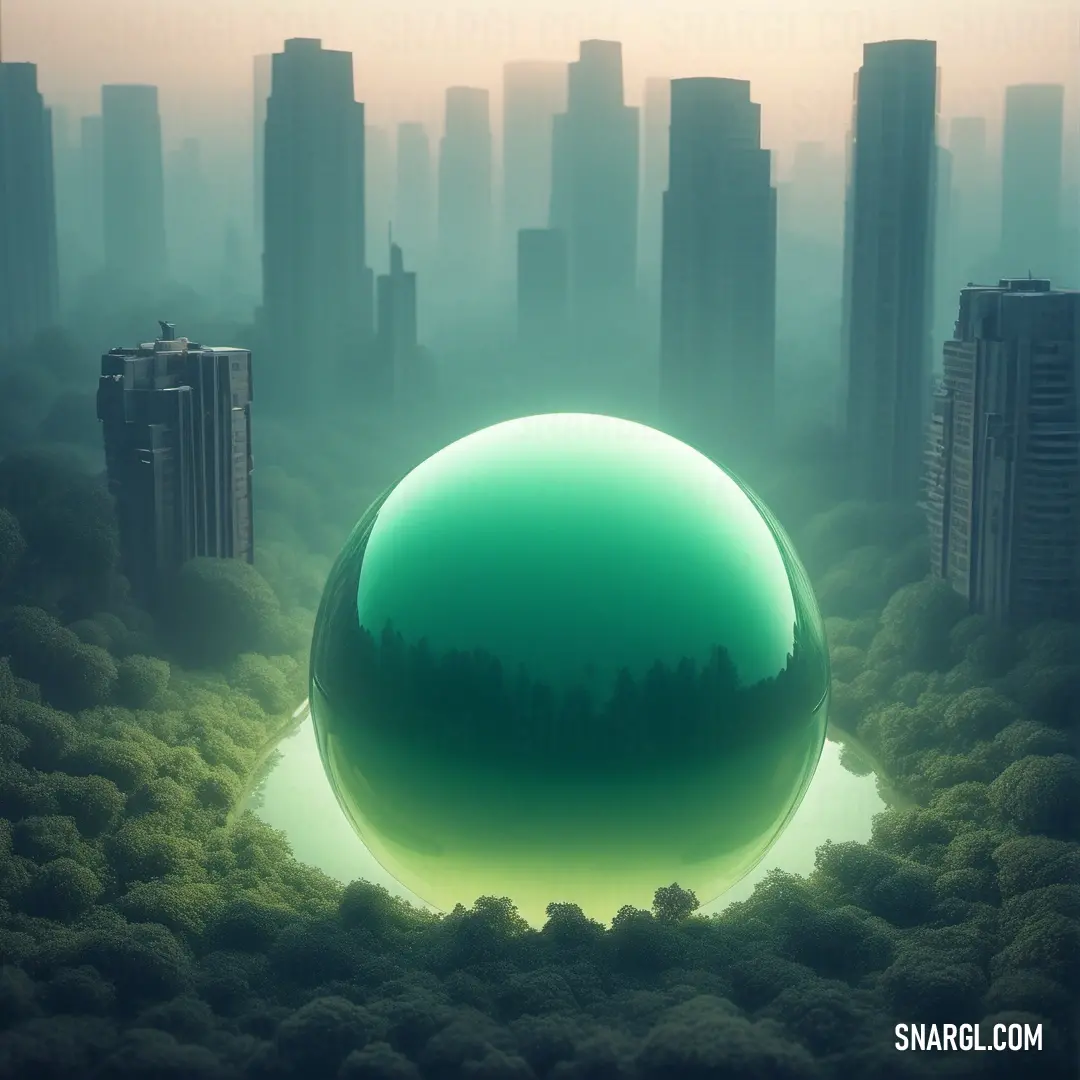 PANTONE 7724 color. Green ball in a city with tall buildings in the background