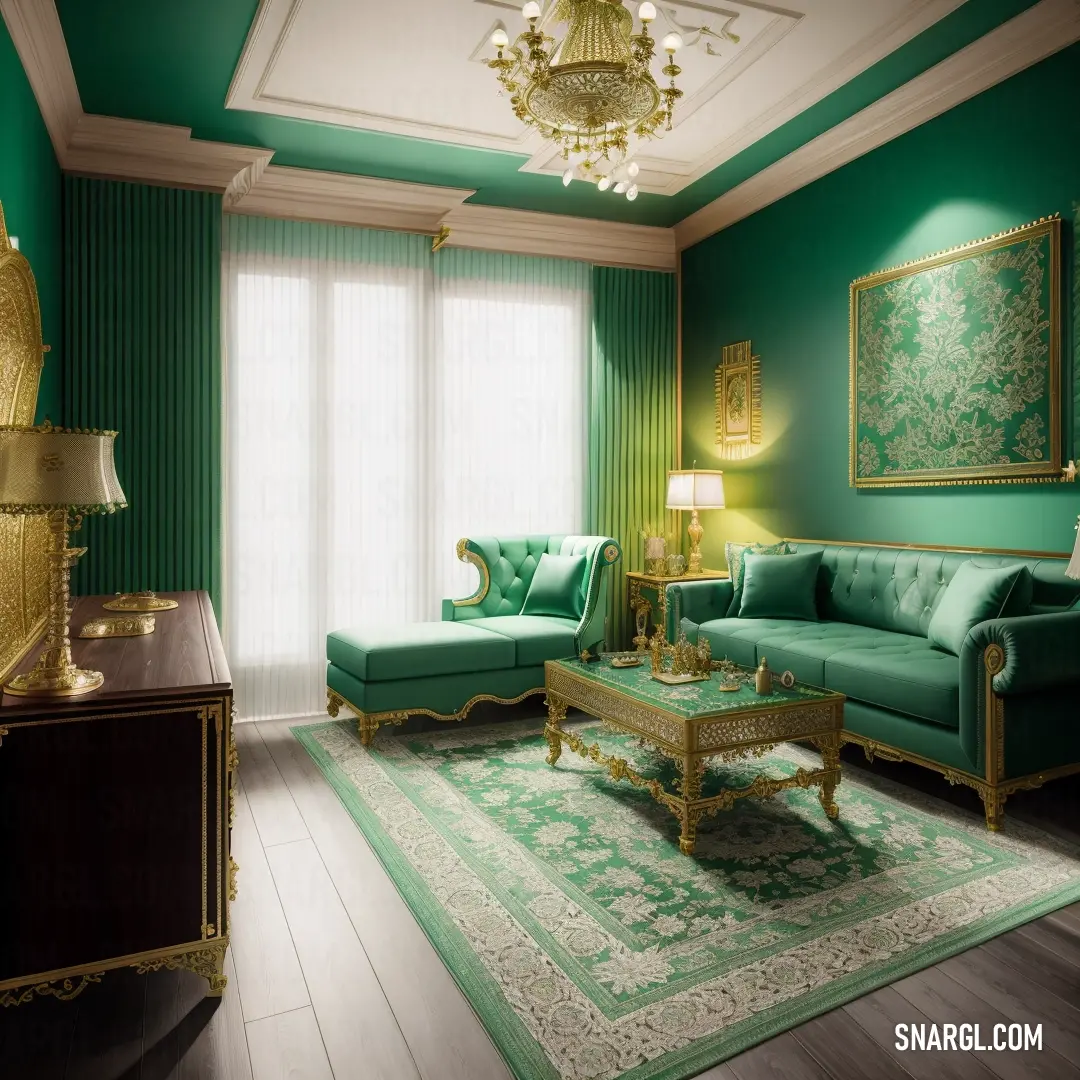 Living room with green walls and a chandelier hanging from the ceiling and a green couch and chair. Example of PANTONE 7724 color.