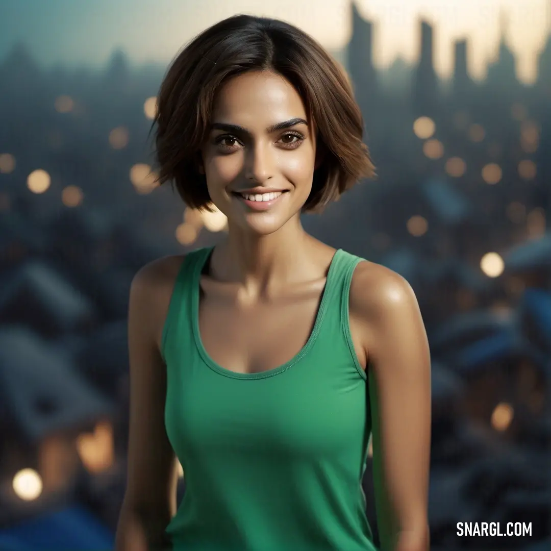 Woman in a green tank top is smiling at the camera with a city in the background. Example of CMYK 82,0,67,11 color.
