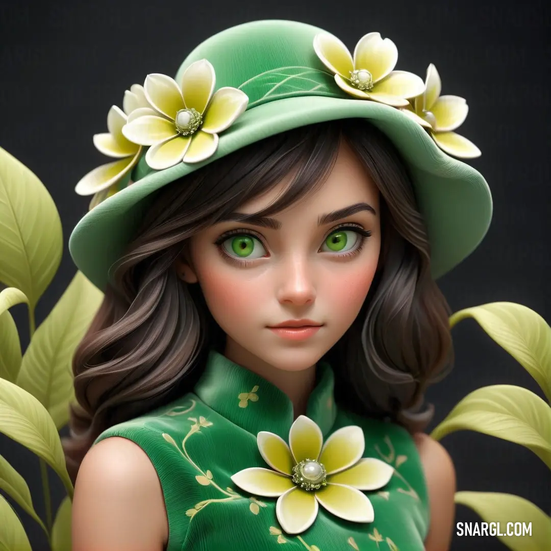 Girl with a green hat and flowers on her head and green dress and green hair. Color RGB 0,140,85.